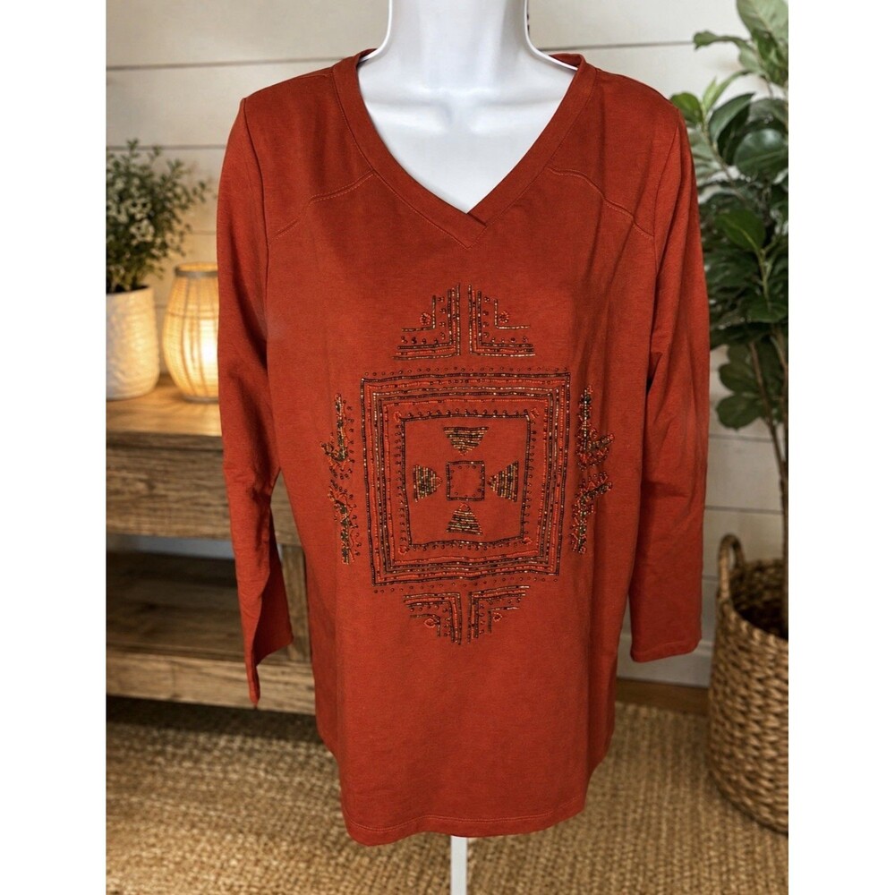 Susan Graver Artisan Rust Long Sleeve Embellished Beaded Top Size Large NWT